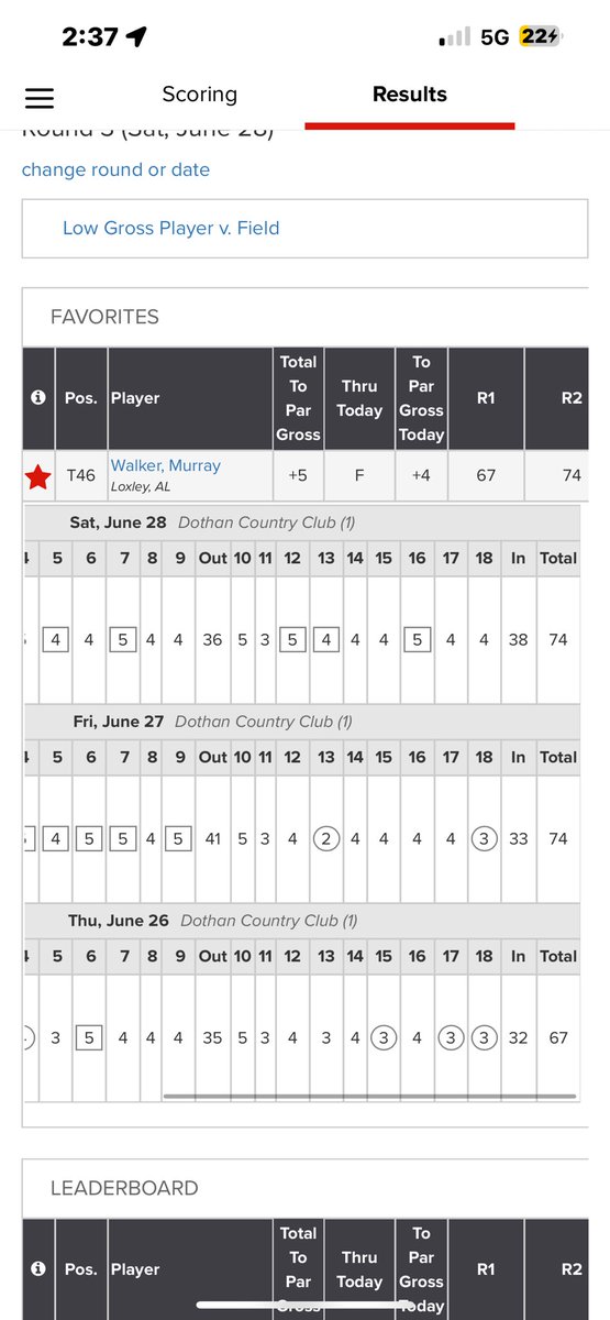 MurrayWalker_27's tweet photo. Great week in Dothan at the Future Masters. Shot (67-74-74-215) for a 5 over total. Played great the first round just struggled with the irons and approach shots in the second and third round.  Tough way to finish but always positive having a under par round and makin the cut in a big field.
