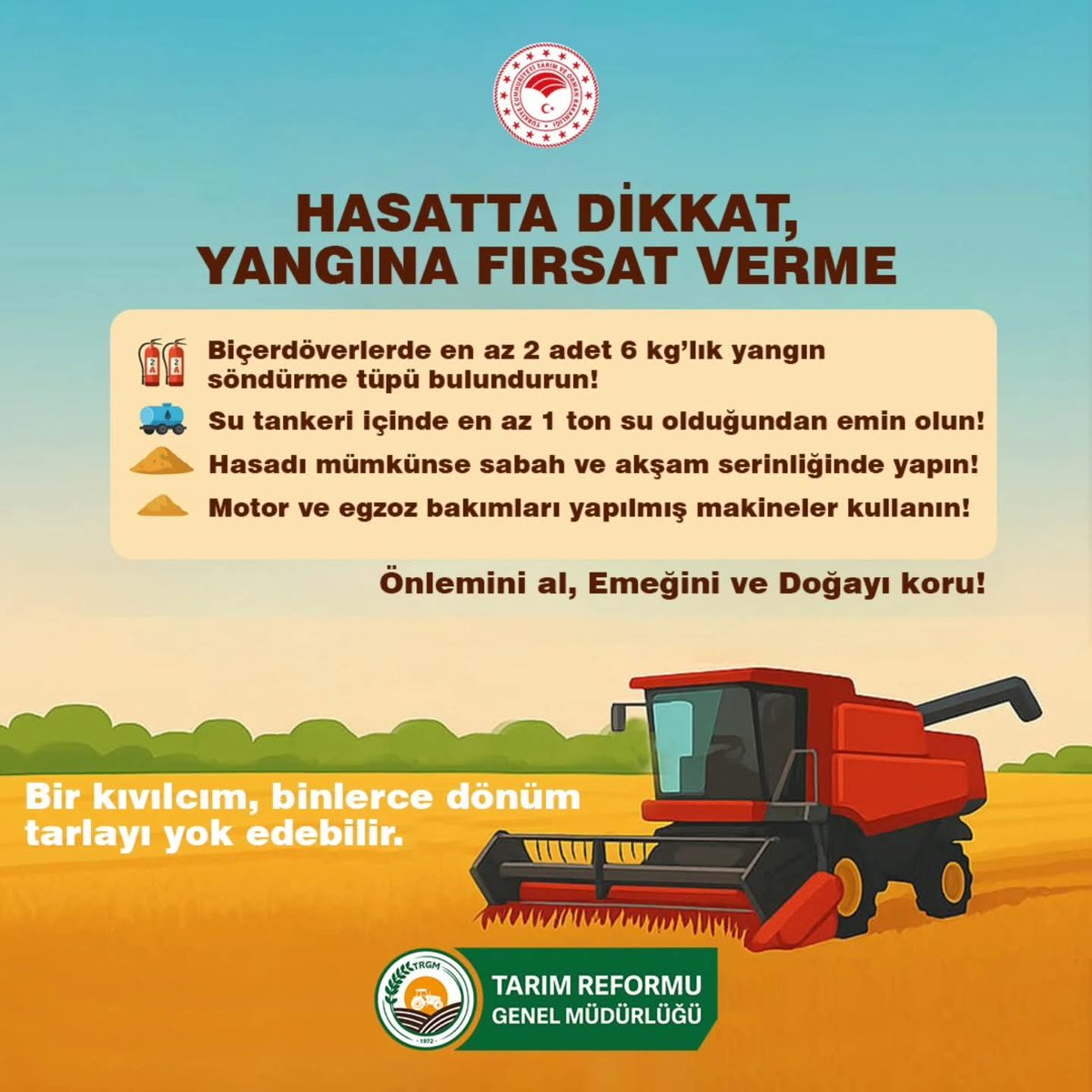Samsun İl Tarım ve Orman Müdürlüğü (@samsuntrm) on Twitter photo 🔥 Hasatta Dikkat, Yangına Fırsat Verme! 🌾
Biçerdöverle hasat sırasında yangın riski oldukça yüksek.
Bir kıvılcım, binlerce dönüm araziyi yok edebilir!
👉 Önlemini al, emeğini ve doğayı birlikte koruyalım!
<a href="/TCTarim/">T.C. Tarım ve Orman Bakanlığı</a>
<a href="/SamsunTRM/">Samsun İl Tarım ve Orman Müdürlüğü</a> 🔥 Hasatta Dikkat, Yangına Fırsat Verme! 🌾
Biçerdöverle hasat sırasında yangın riski oldukça yüksek.
Bir kıvılcım, binlerce dönüm araziyi yok edebilir!
👉 Önlemini al, emeğini ve doğayı birlikte koruyalım!
<a href="/TCTarim/">T.C. Tarım ve Orman Bakanlığı</a>
<a href="/SamsunTRM/">Samsun İl Tarım ve Orman Müdürlüğü</a>
