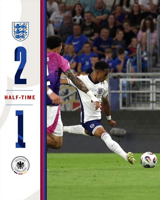 U21 EURO final half-time: England 2-1 Germany.