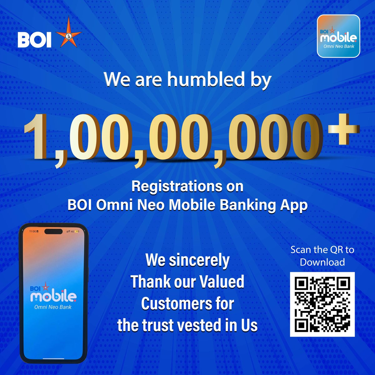 BankofIndia_IN's tweet photo. A Monumental Milestone! We are absolutely thrilled and deeply humbled to announce that the BOI Omni Neo Mobile Banking App has surpassed 1 Crore (10 Million) registrations! This incredible achievement is a testament to the trust and loyalty you, our valued customers, have placed in us. Thank you for choosing BOI Omni Neo for your banking needs. We are committed to continuously enhancing your mobile banking experience. Download the BOI Mobile App today and experience seamless banking!
Google Play Store: https://t.co/nxvMdNslD2
App Store: https://t.co/f4P0lClwU4
#BankofIndia #RelationshipBeyondBanking #MilestoneMoments #milestone