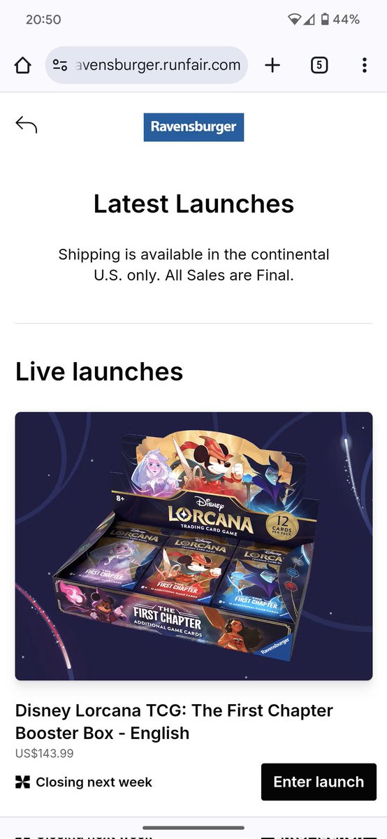 LexiFoxx3's tweet photo. @DisneyLorcana I'm confused, on the ravensburger page it says UK can order but then on the runfair site it says U.S only?? https://t.co/4ekEeeTbF9