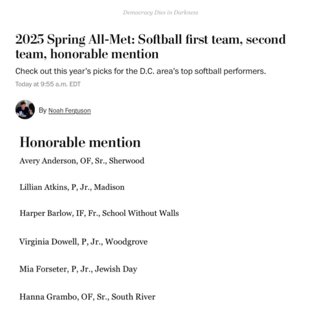 So honored to be part of this select group athletes! <a href="/WashPostHS/">WashPost HS Sports</a> <a href="/WoodgroveSB/">Woodgrove High School Softball</a> <a href="/TSThunderNova/">Tri-State Thunder NoVa 18U</a>