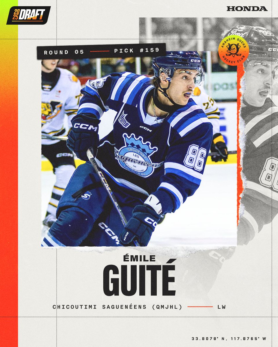 AnaheimDucks's tweet image. We have taken winger Émile Guité from the Chicoutimi Saguenéens (QMJHL) with the 159th overall pick in the 2025 NHL Draft.

#NHLDraft | @Honda

📸Credit: Bruno Girard