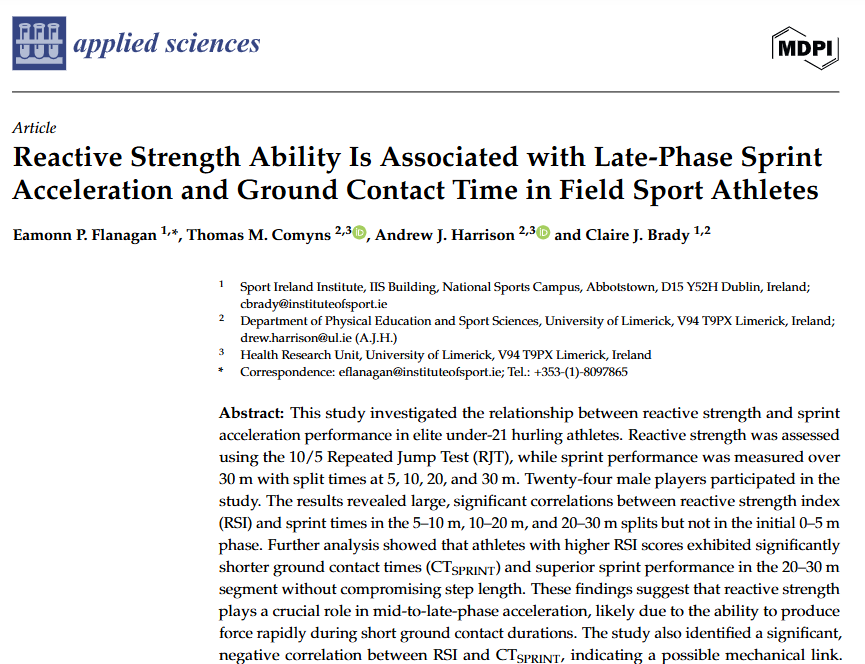 New research paper

Relationship between reactive strength and sprint acceleration performance and kinematics

🔸24 field sport athletes
🔸RSI &amp; CT via 10-5 RJT
🔸30m speed test (5/10/20/30m splits)
🔸Stride length &amp; frequency
🔸Sprint-CT
🔸Velocity / step