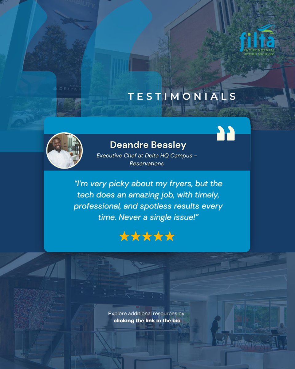 ✨ Client Spotlight: Executive Chef Deandre Beasley ✨
“I’m very picky about my fryers, but the tech does an amazing job, with timely, professional, and spotless results every time. Never a single issue!”

— DeAndre Beasley, Executive Chef at Delta HQ Campus – Reservations