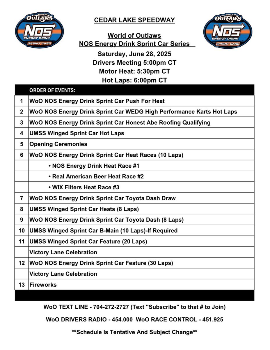 Tonight’s @RaceCedarLake schedule👇

WEDG High Performance Karts Hot Laps have been moved to 6:00pm CT.