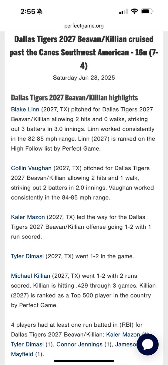 DallasTigersKillian (@tigerskillian) on Twitter photo Tigers take care of business in pool play with a 7-4 victory to finish 3-0 at <a href="/Texas_PG/">Perfect Game Texas</a> 16U WWBA CENTRAL ELITE in Tomball. Bracket play starts tomorrow! Tigers take care of business in pool play with a 7-4 victory to finish 3-0 at <a href="/Texas_PG/">Perfect Game Texas</a> 16U WWBA CENTRAL ELITE in Tomball. Bracket play starts tomorrow!