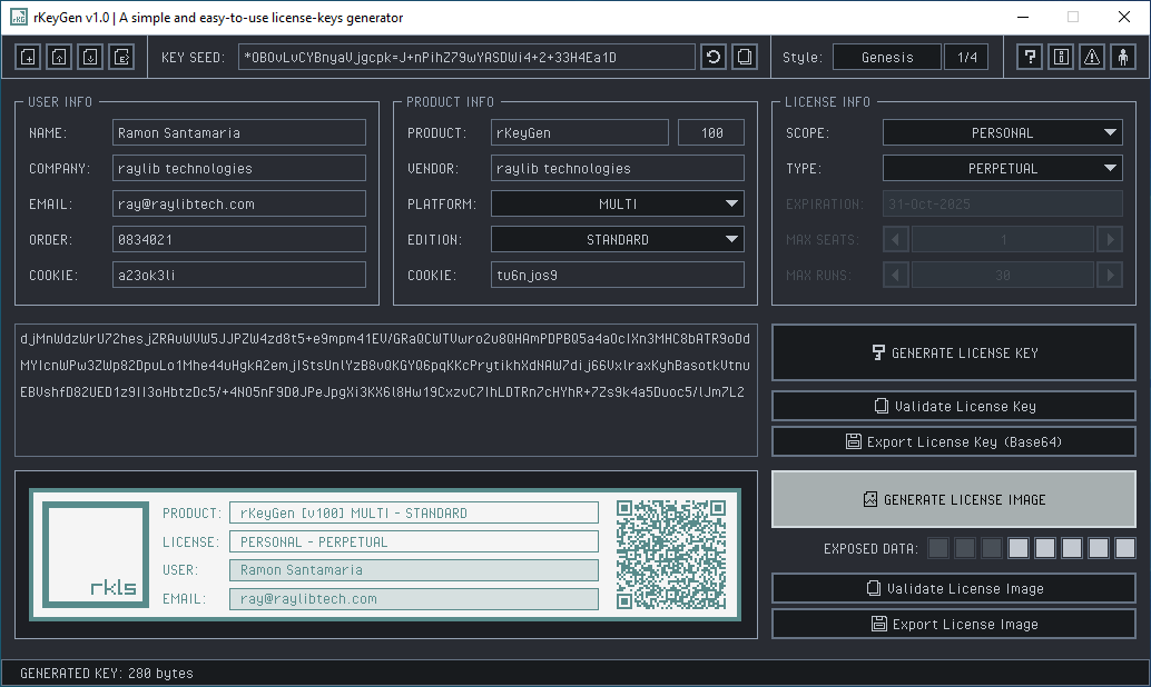 raysan5's tweet image. I keep working on rKeyGen, my license keys generator tool, I'm going down the rabbit hole and it's taking me way longer than expected...
I redesigned multiple times the library for license keys validation, trying to keep it simple... what do you think? Any function missing? 🤔