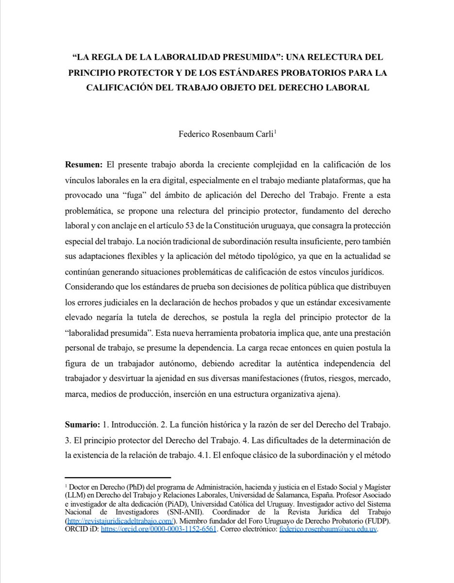 Federico Rosenbaum (@frosenbaumcarli) on Twitter photo 🚨Se vienen tremendas jornadas de debate del <a href="/FProbatorio/">Foro Uruguayo de Derecho Probatorio</a>
🗣️Mi exposición será sobre lo que denomino “la regla de la laboralidad presumida”.
Mi idea es aportar una relectura del principio protector a partir de los estándares de prueba, para la prueba de la relación de trabajo 🚨Se vienen tremendas jornadas de debate del <a href="/FProbatorio/">Foro Uruguayo de Derecho Probatorio</a>
🗣️Mi exposición será sobre lo que denomino “la regla de la laboralidad presumida”.
Mi idea es aportar una relectura del principio protector a partir de los estándares de prueba, para la prueba de la relación de trabajo