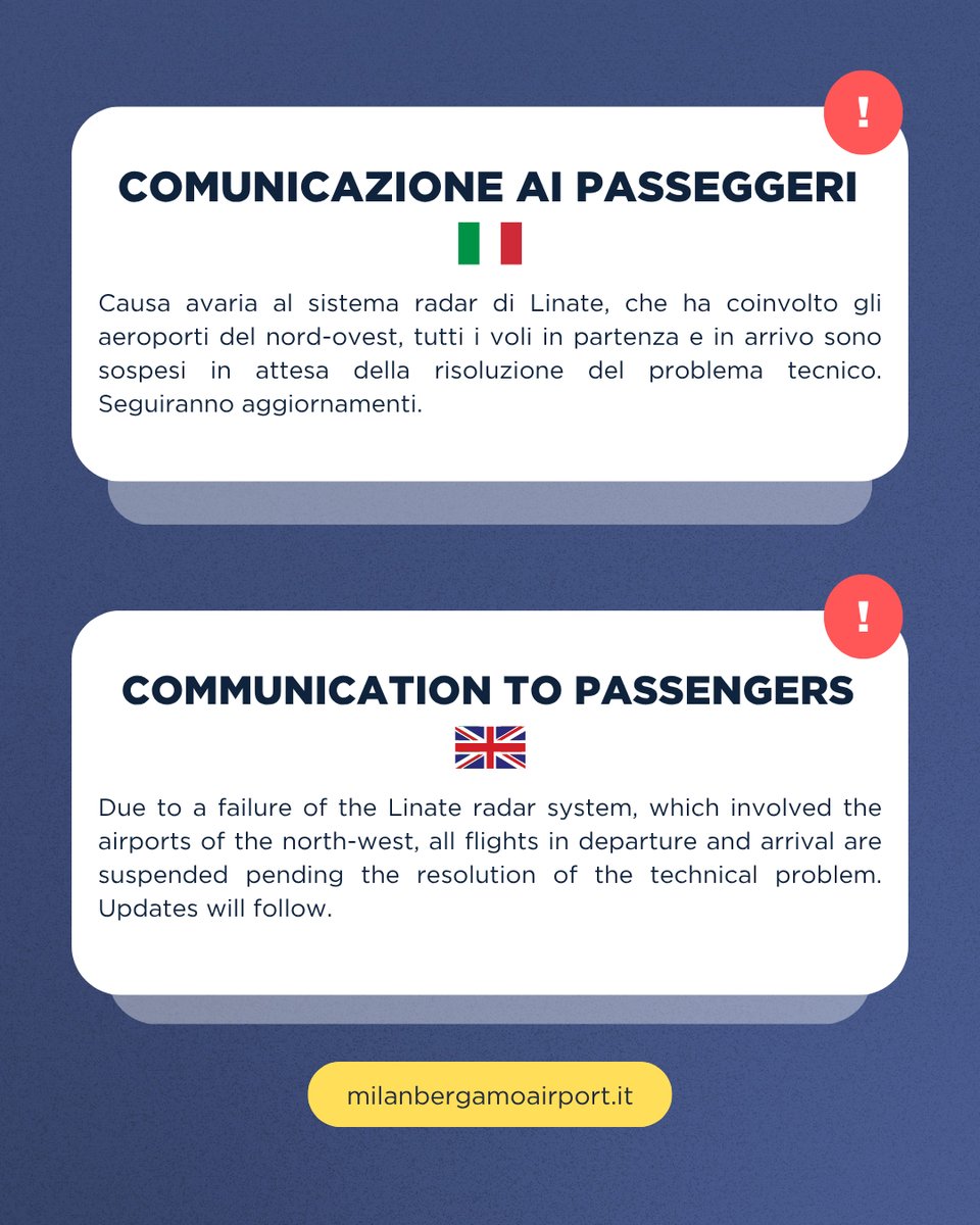 🇮🇹 Causa avaria al sistema radar di Linate, che ha coinvolto gli aeroporti del nord-ovest, tutti i voli in partenza e in arrivo sono sospesi in attesa della risoluzione del problema tecnico. Seguiranno aggiornamenti