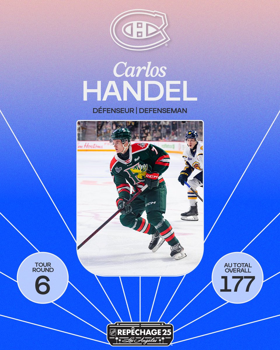 CanadiensMTL's tweet image. Avec le 177e choix au total, les Canadiens sélectionnent le défenseur Carlos Handel des Mooseheads d'Halifax dans la LHJMQ.

With the 177th-overall selection, the Canadiens have drafted defenseman Carlos Handel from the Halifax Mooseheads in the QMJHL.

📸 Halifax Mooseheads…