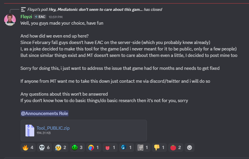 What you mean Floyzi just released Fall Guys cheats for everyone 💀
If MT won't do anything about it then FG is officially cooked 🙏