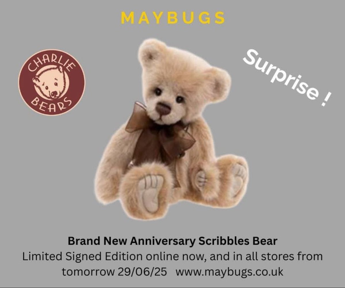 🎉 LIMITED EDITION LAUNCH! 🧸

Meet Scribbles – the adorable new Anniversary Charlie Bear 🐻  yes he's here at Maybugs! 

maybugs.co.uk/product/charli…

 #CharlieBears #LimitedEditionBear #ScribblesBear #TeddyBearCollectors #PlushBear #Teddybear #Gifts #Plush