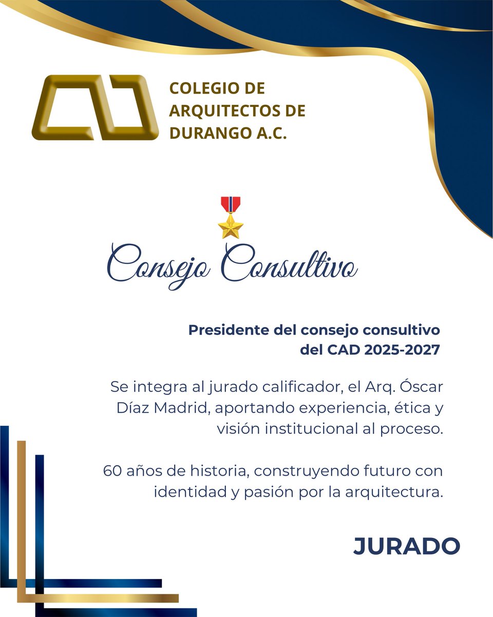Agradecemos profundamente al 𝐂𝐨𝐧𝐬𝐞𝐣𝐨 𝐂𝐨𝐧𝐬𝐮𝐥𝐭𝐢𝐯𝐨, representado por el: 𝐀𝐫𝐪. 𝐎́𝐬𝐜𝐚𝐫 𝐃𝐢́𝐚𝐳, por su tiempo, disposición y profesionalismo como jurado calificador en este concurso conmemorativo.
Su criterio y experiencia honran los 60 años de historia