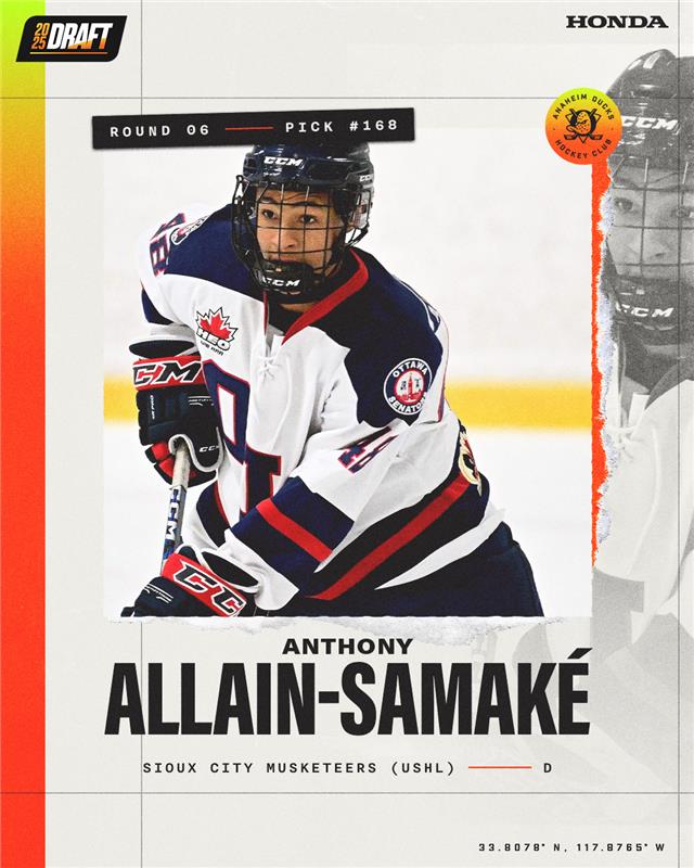 AnaheimDucks's tweet image. We have taken defenseman Anthony Allain-Samaké of the Sioux City Musketeers (USHL) with the 168th overall pick. 

#NHLDraft | @Honda