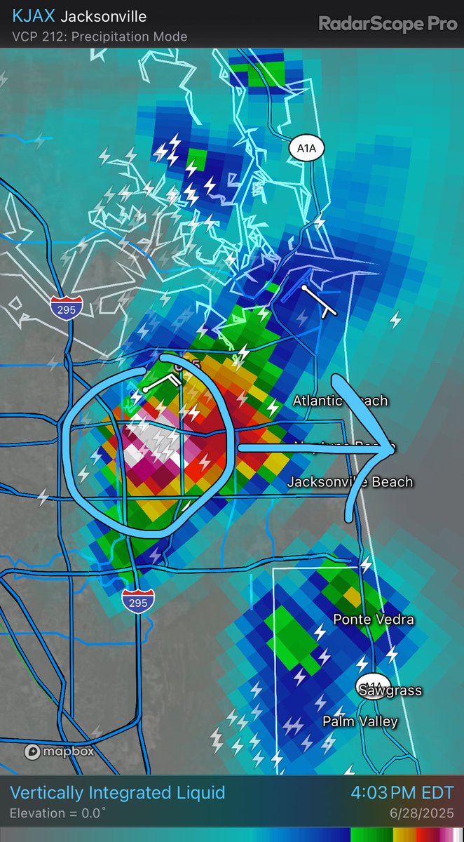 At the beach? The hail is about to be too… circled is a legit hail core, moving toward Jax Beaches, that with tons of lightning… time to get to the car.