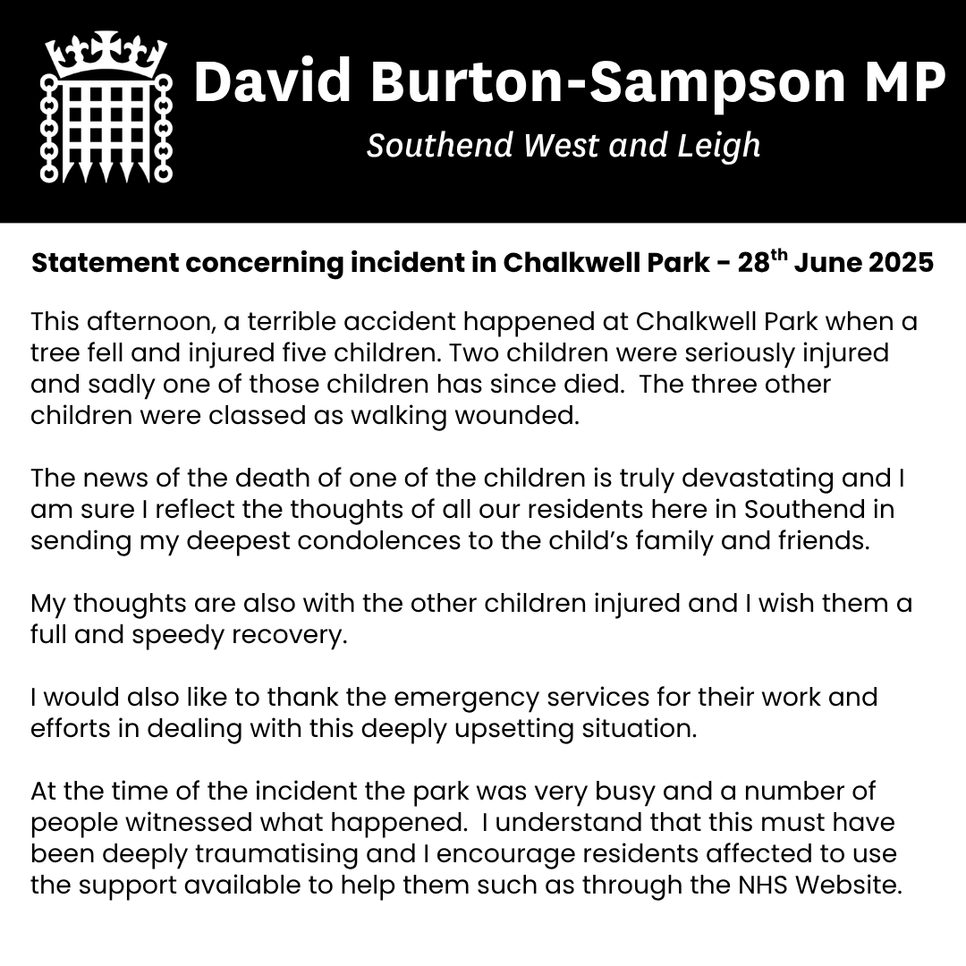 Such devastating news.  My statement following the terrible accident in Chalkwell Park this afternoon.

Help and support is available for people who need it at england.nhs.uk/.../mental.../…