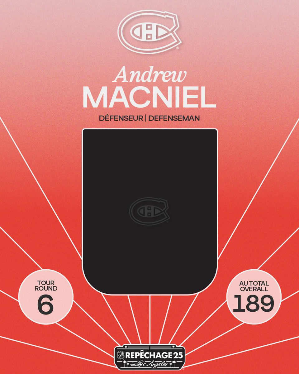 Avec le 189e choix au total, les Canadiens sélectionnent le défenseur Andrew MacNiel des Rangers de Kitchener dans l'OHL.

With the 189th-overall selection, the Canadiens have drafted defenseman Andrew MacNiel from the Kitchener Rangers in the OHL.

#GoHabsGo | #RepêchageLNH |