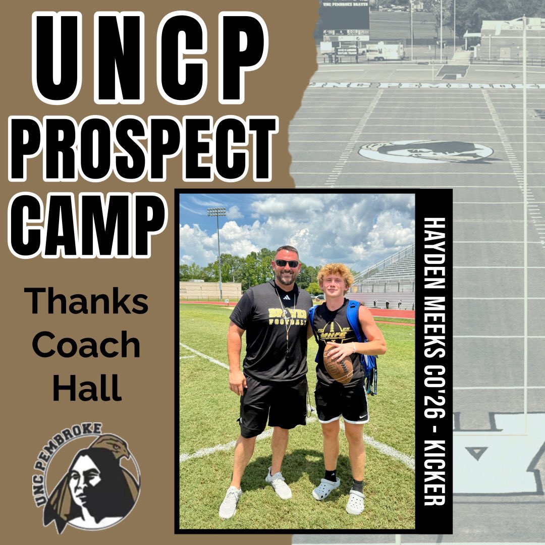 Hayden Meeks (@haydenmeeks_22) on Twitter photo Had a great hot day in Pembroke at <a href="/uncpembroke/">UNC Pembroke</a>! Really appreciate coach <a href="/CoachHallUNCP/">Mark Hall</a> and his staff for a great prospect camp! #BraveNation #thestandard #GoldenBraves <a href="/CoachRobRTCA/">Coach Kevin Robbins(RTCA) CSCS 💪🏾</a> <a href="/CoachJDurden/">Coach Durden</a> <a href="/CoachMeeks4/">Matthew Meeks</a> Had a great hot day in Pembroke at <a href="/uncpembroke/">UNC Pembroke</a>! Really appreciate coach <a href="/CoachHallUNCP/">Mark Hall</a> and his staff for a great prospect camp! #BraveNation #thestandard #GoldenBraves <a href="/CoachRobRTCA/">Coach Kevin Robbins(RTCA) CSCS 💪🏾</a> <a href="/CoachJDurden/">Coach Durden</a> <a href="/CoachMeeks4/">Matthew Meeks</a>