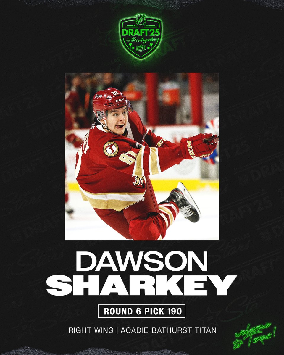 DallasStars's tweet image. With the 190th pick in the #NHLDraft, we've selected Dawson Sharkey of Acadie-Bathurst Titan! 🦈

Welcome to #TexasHockey, Dawson!