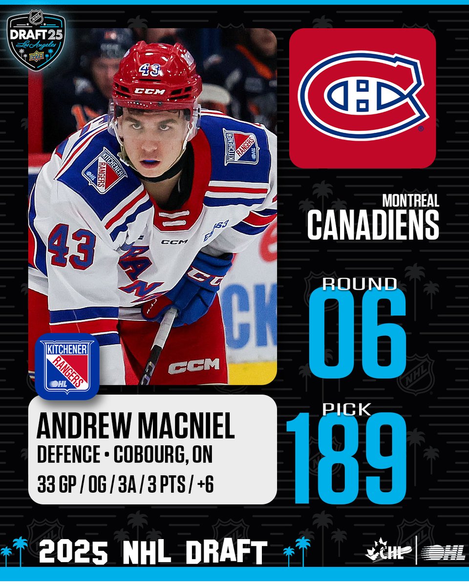 The <a href="/CanadiensMTL/">Canadiens Montréal</a> select <a href="/OHLRangers/">Kitchener Rangers</a> defenceman Andrew MacNiel with the 189th overall pick of the 2025 #NHLDraft!
