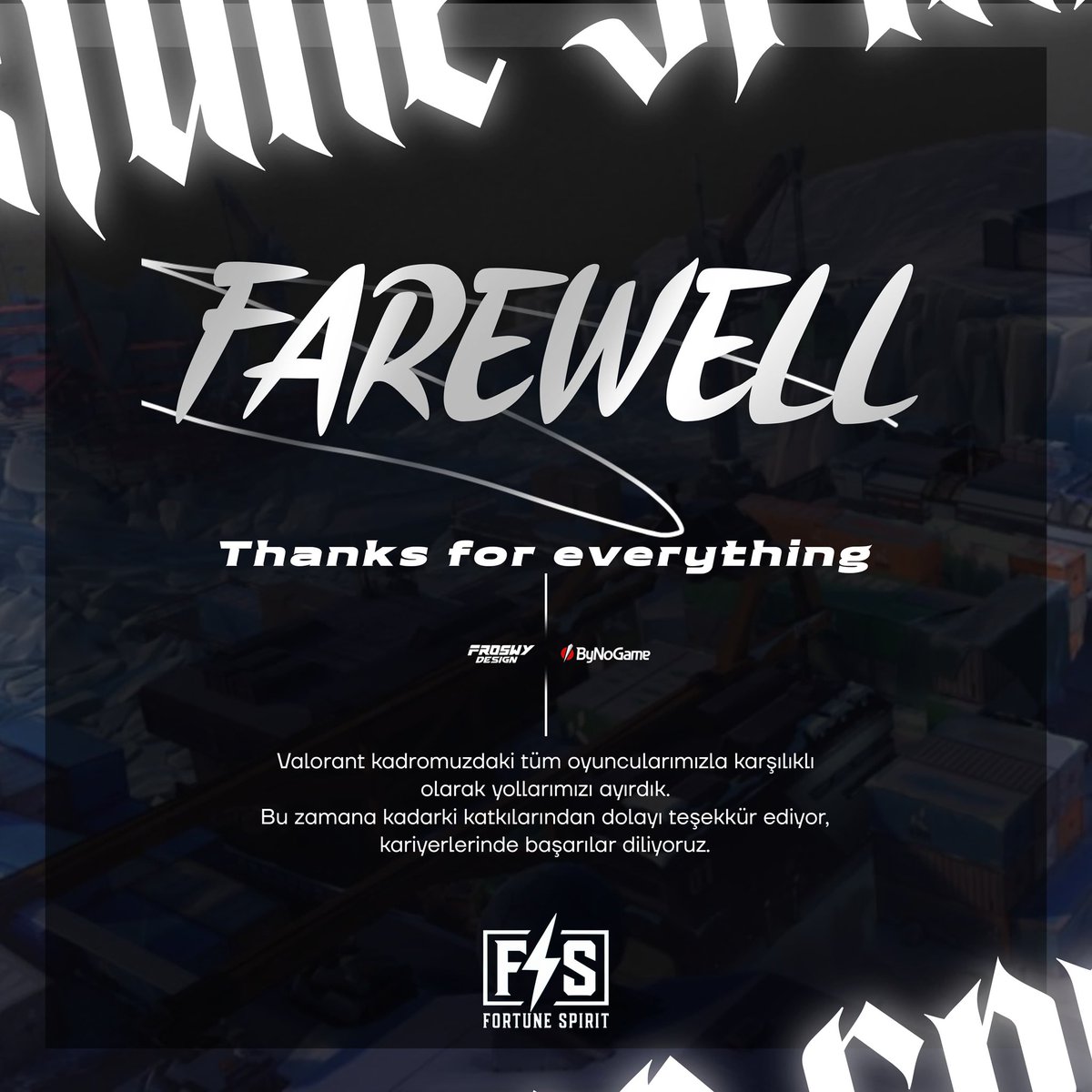 📢 Duyuru – Valorant Kadro Ayrılığı

Bugün, VALORANT sahnesindeki mevcut yapılanmamızla önemli bir değişikliği paylaşmak istiyoruz.

Fortune Spirit VALORANT takımı olarak, oyuncularımız Kellydodge, Vels, MoZZy, YamaN ve Sloria ile karşılıklı anlaşarak yollarımızı ayırmış