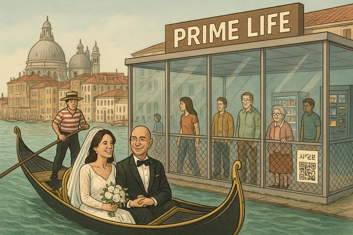 He sold us his #PrimeLife,
then the cardboard #KING sailed in to turn #Venezia into a #zoo for his #wedding #Circus
Our cities and our lives are #notforsale
You wear the #crown but remember, we are the #CROWD that growls.