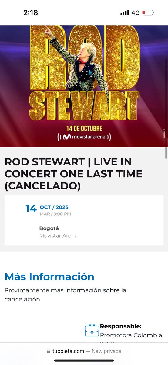 Cancelado #RodStewart en Bogotá. Me mantengo en mi teoría que el público adulto mayor en Bogotá no tiene cultura de concierto. No creció con esa costumbre. Y con los años se vuelve Tropical y la da pereza ir a cualquier lado. Las nuevas generaciones son las que van a los shows.