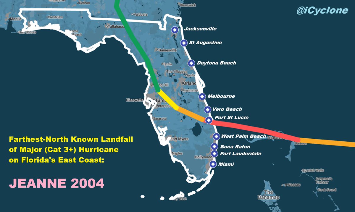 Since I was in Vero Beach this week, I was curious about region's #hurricane history. Interestingly, JEANNE 2004 is farthest-N known landfall of major (Cat 3+) on #Florida's East Coast. None N of Port St. Lucie. But JEANNE had fat core, so eyewall reached N to near Melbourne.