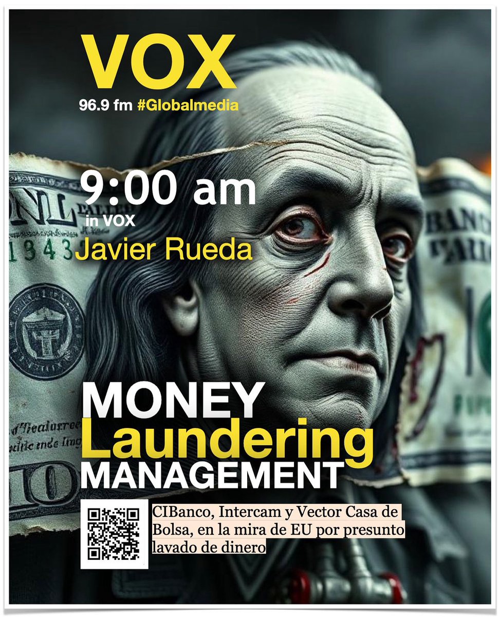ruedac's tweet photo. Este lunes a las 9:00 am en VOX 96.9 FM no te pierdas una charla intensa y oportuna sobre el lavado de dinero en México y sus implicaciones!
La CNBV ya intervino. ¿Qué significa esto para el sistema financiero mexicano?

#VOX #GlobalMedia @erika_salgado  @Flores1Jonathan https://t.co/qWQSolxeM0