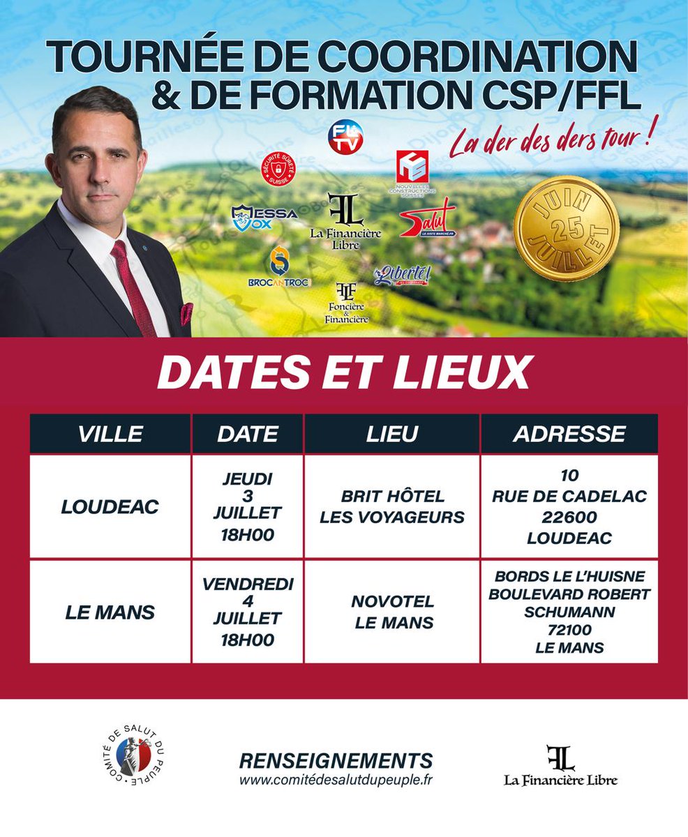 Rdv le jeudi 3 juillet à Loudéac et le vendredi 4 juillet au Mans pour vous former aux outils de l'écosystème FFL × CSP : 

lafinancierelibre.ch 
lejustemarche.fr 
messavox.fr 
francelibre.tv 

Tout ceci est financé grâce à vous à travers la FFL -