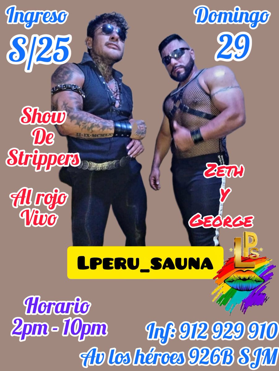 Zetheldominador2🇵🇪 (@zetheldominado2) on Twitter photo Y llego la festividad qué tanto esperabas a LPERUSAUNA este Domingo 29 junio GEORGE Y ZETH en un show de striper muy Hott ,celebrando el PRIDE ven y divierte y deja tu lívido se desborde
Te esperamos
<a href="/JulioCe27136079/">Lperu.sauna</a>
<a href="/LPeru_sauna/">LPeru_sauna</a> Y llego la festividad qué tanto esperabas a LPERUSAUNA este Domingo 29 junio GEORGE Y ZETH en un show de striper muy Hott ,celebrando el PRIDE ven y divierte y deja tu lívido se desborde
Te esperamos
<a href="/JulioCe27136079/">Lperu.sauna</a>
<a href="/LPeru_sauna/">LPeru_sauna</a>