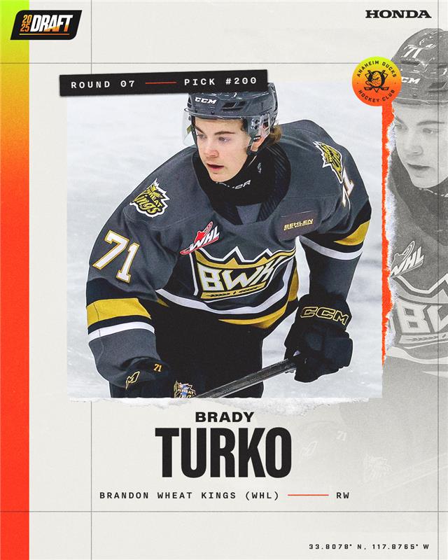 With our final pick in the 2025 draft, we have taken forward Brady Turko (Roger McQueen's teammate with Brandon of the WHL) 200th overall. 

#NHLDraft | <a href="/Honda/">Honda</a>

📸Credit: Jonathan Kozub