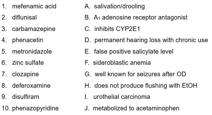 MedTox Fellows:  Board review association quiz. Match a letter to each number so that each letter is used only once. Be careful.