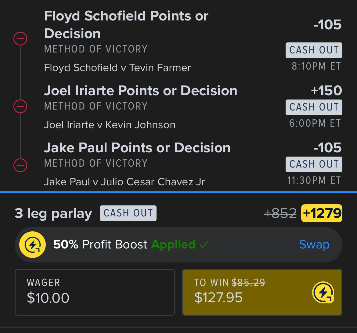 Gonna be using the 50% Boost from Fanduel on this 3 leg Dec parlay. 

$10 max bet🤝🏽

#PaulChavezJr