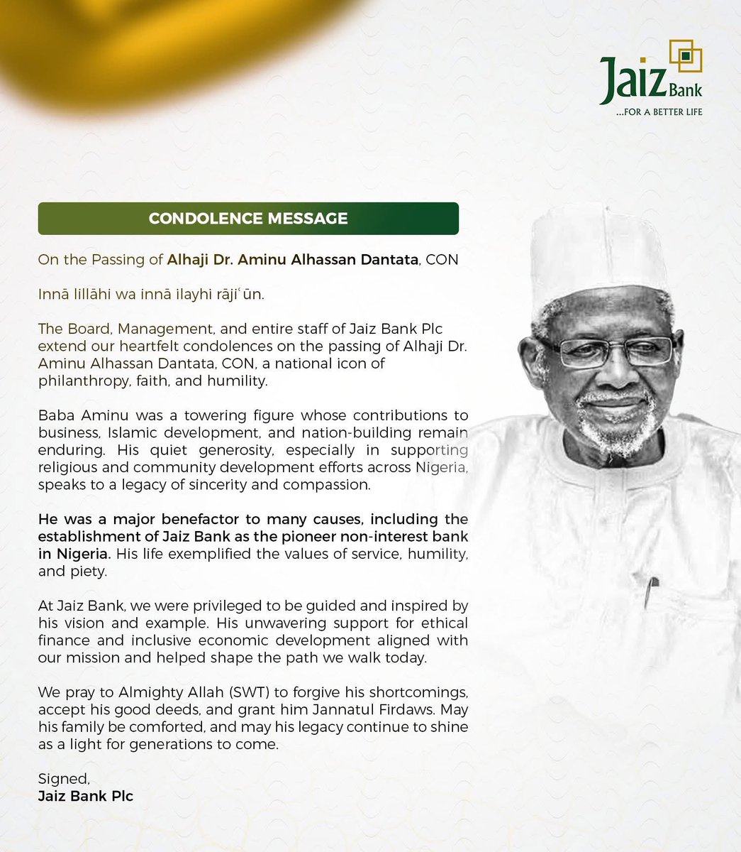 (Dr.) Ameer Lukman Haruna (@ameerlookman) on Twitter photo He was a major benefactor to many causes, including the establishment of <a href="/JaizBankNG/">Jaiz Bank Plc.</a> Plc as the pioneer non-interest bank in Nigeria. His life exemplified the values of service, humility, and piety.
Allah ya jikansa da Rahma. He was a major benefactor to many causes, including the establishment of <a href="/JaizBankNG/">Jaiz Bank Plc.</a> Plc as the pioneer non-interest bank in Nigeria. His life exemplified the values of service, humility, and piety.
Allah ya jikansa da Rahma.
