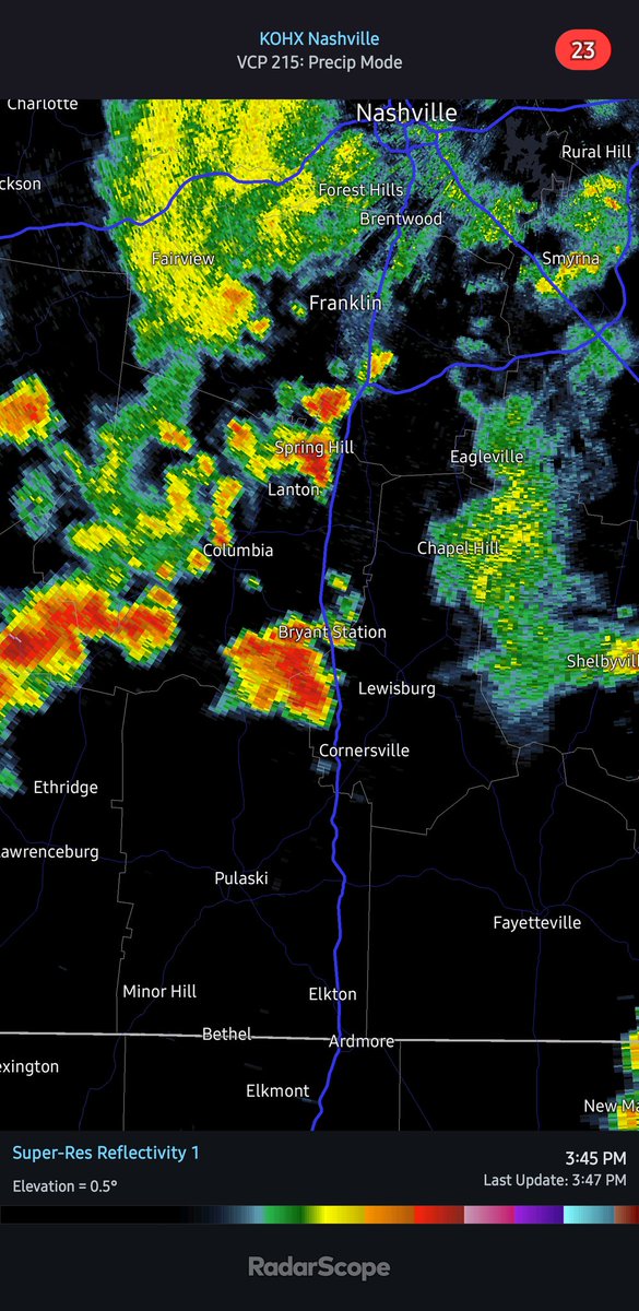 3:50pm | Noisy thunderstorms approaching from Maury County. Non severe at this time.