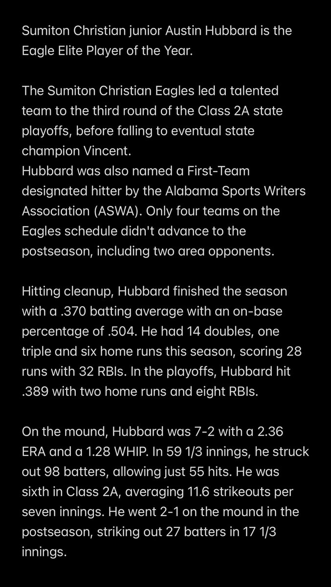 Blessed and honored to be the Eagle Elite Player of the Year!! Also congrats to some of my other teammates for being recognized on 1st and 2nd team!!
<a href="/SCSEaglesBB/">SCSEaglesBaseball</a> <a href="/NWSCC_Baseball/">Northwest Shoals Patriots Baseball</a> <a href="/SheltonStateBB/">Shelton State Baseball</a> <a href="/WallaceBaseball/">Wallace State Baseball™</a>