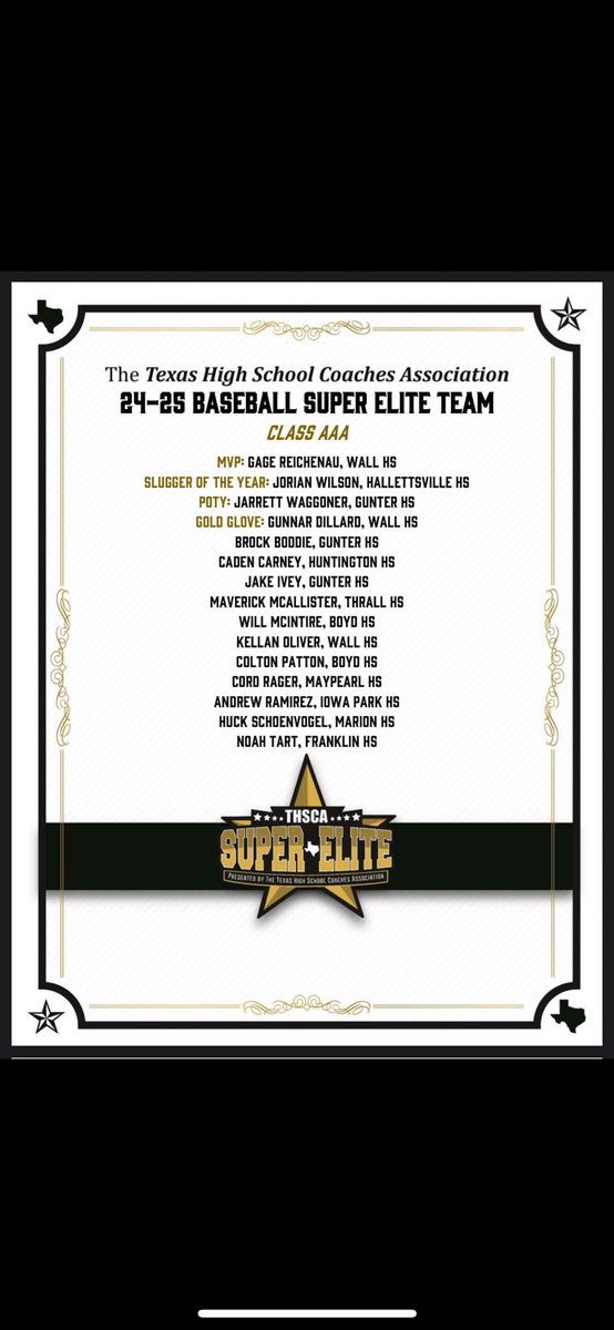 I wanna say thank you to the <a href="/THSCAcoaches/">THSCA</a> for electing me for the Super Elite Team class AAA, also I would like to say thank you to <a href="/CoachTTesch/">Tim Tesch</a> and <a href="/baseball_marion/">Marion Bulldog Baseball</a> for pushing me everyday to get better and helping me succeed all season.