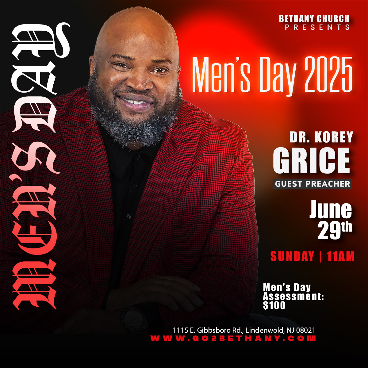 Fresh off #POG25 the celebration continues with Men's Day tomorrow at 11AM 🎉  The one and only Dr. Korey Grice will be our Guest Preacher, so make sure to come out and be prepared for the 💣s he will drop at #MensDay25! #TransformingLives 

Learn more: go2bethany.com