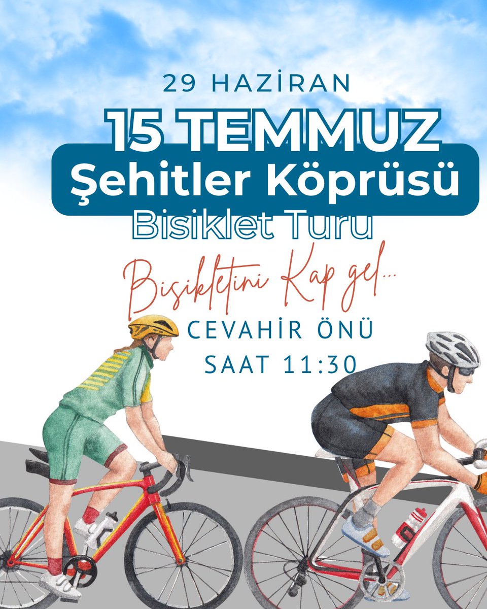 15 Temmuz Şehitler Köprüsü Bisiklet Turu
Sene'de bir gün. Bu fırsat kaçmaz. Bisikleti kap gel.
Yer: Cevahir Alışveriş merkezi önü.
Hareket Saati:11:30