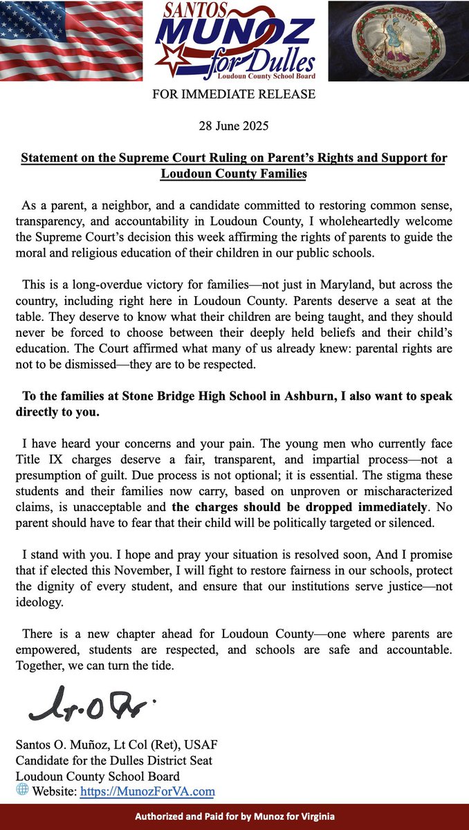 munozforva's tweet image. This week’s Supreme Court decision was a clear affirmation of parental rights—& a powerful reminder that families matter.
Read my full statement below on what this decision means for Loudoun County & why we must keep fighting for accountability & common-sense leadership.