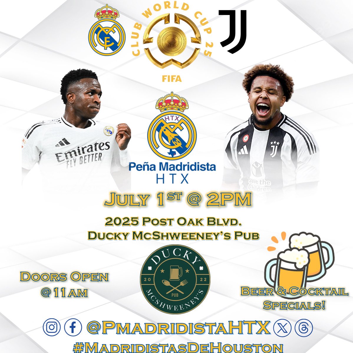 PMadridistaHTX's tweet photo. MADRIDISTAS!
Join Peña Madridista HTX this Tuesday for the Club World Cup Match Up Real Madrid vs Juventus!
🏟 Ducky McShweeney's Pub
📆 07/01/25
🕑 2:00 PM
¡HALA MADRID Y NADA MAS!
#PeñaTexas #peñamadridistahtx #madridinhouston #MadridistasDeHouston #MadridistasOfHouston https://t.co/ZQCc6ph5fI