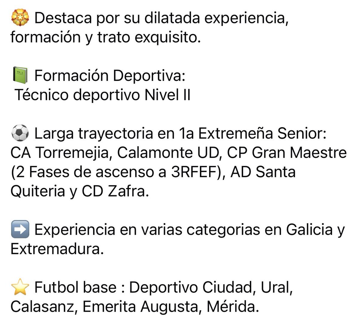 🗓 𝗙𝗜𝗖𝗛𝗔𝗝𝗘𝗦 𝗘𝗙𝗕 🧑🏻⚽️

🧩Francisco Buet Martínez “𝗣𝗮𝗸𝗼𝗹𝗲”

⚙️Características: Profesionalidad, compromiso,  dedicación y trato exquisito.

🙌🏻Damos la BIENVENIDA al flamante entrenador del
𝗖𝗮𝗱𝗲𝘁𝗲 𝐀 de <a href="/ExtremaduraFB/">Extremadura Fútbol Base</a> para la Temporada 25/26.

Go <a href="/pakolebm/">Pakole</a> 💚!