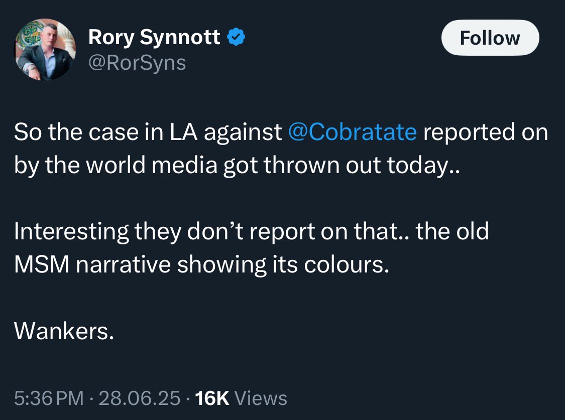 Misinformation about Tate’s US sexual assault case continues to spread. 

The LA case the media reported on was a civil case. It was never a criminal matter.

👉🏼 Tate was never charged in LA.

👉🏼 Nothing was thrown out.

👉🏼 The civil case moves forward.