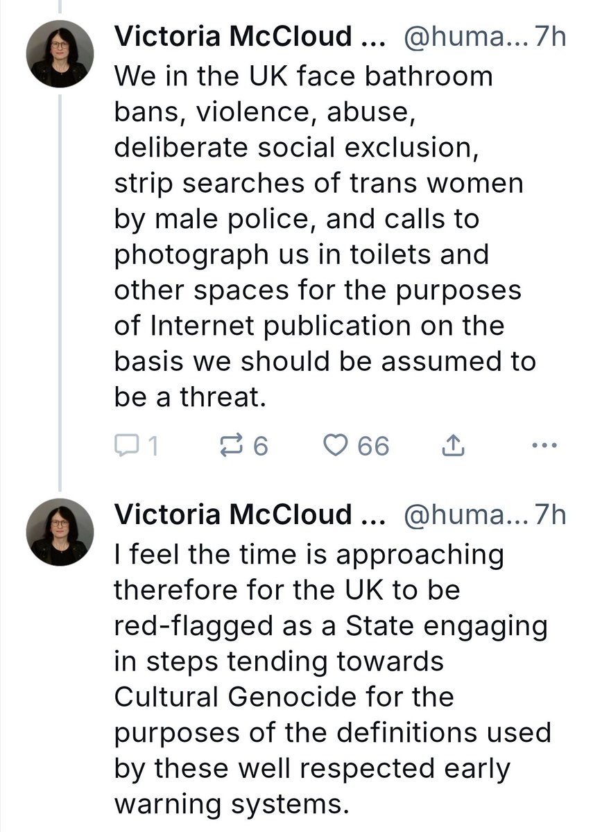 ⚠️🚨 BREAKING

Victoria McCloud (British lawyer and former judge):

"It is my sad duty to make an evidence based report to Genocide Watch and The Lemkin Institute requesting investigation into the systematic oppression of the trans community of the UK"