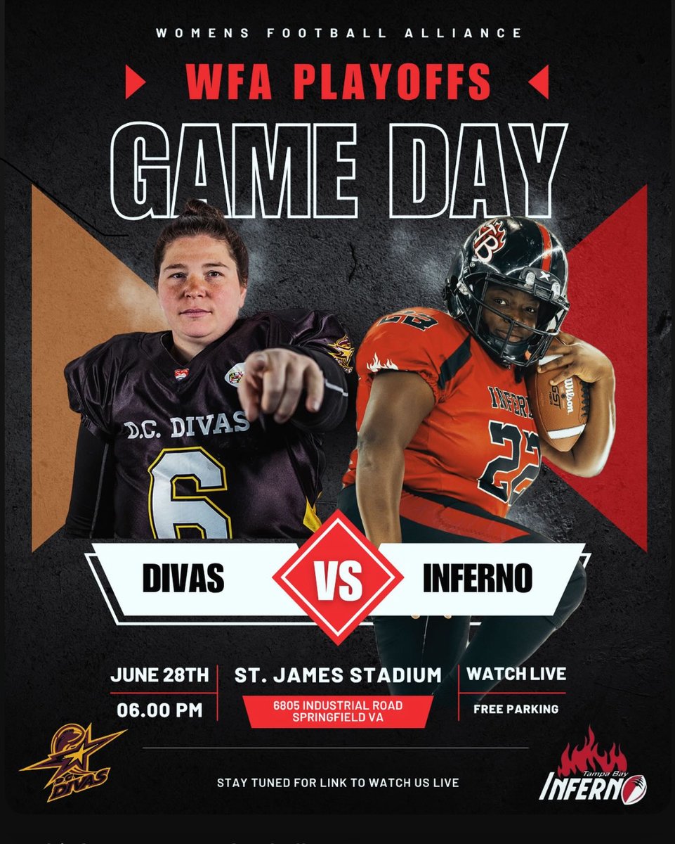 tbinferno's tweet photo. Playoffs. Power. Primetime.π₯
The Tampa Bay Inferno faces the @dcdivasfootball in less than 1 hour!
π St. James Indoor Facility
π Kickoff: 6 PM
πΊ Watch: https://t.co/YxgddIIF9N
π± Follow: @TBInferno
#TampaBayInferno #WFA #WFAPro #WomensFootball #Playoffs https://t.co/YSTEHksB9p