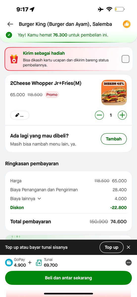 abigailoui's tweet photo. @gofoodindonesia Aku gak sengaja buka GoFood jam 9 pagi tadi, ternyata lagi ada Brand Day di GoFood dan ada Burger King dong 😋Langsung checkout menu 2 Cheese Whopper Jr + Fries nya! https://t.co/NO0NC2fCeI