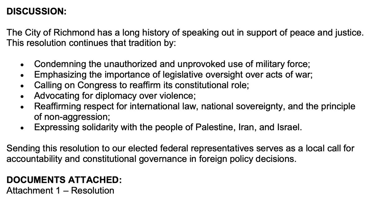 Richmond City Council vote 7/1/2025 on "Resolution Urging Congress to Assert its Constitutional Authority and Prevent Future Unauthorized Military Action Against Iran."
pub-richmond.escribemeetings.com/Meeting.aspx?I… Item U.2.a