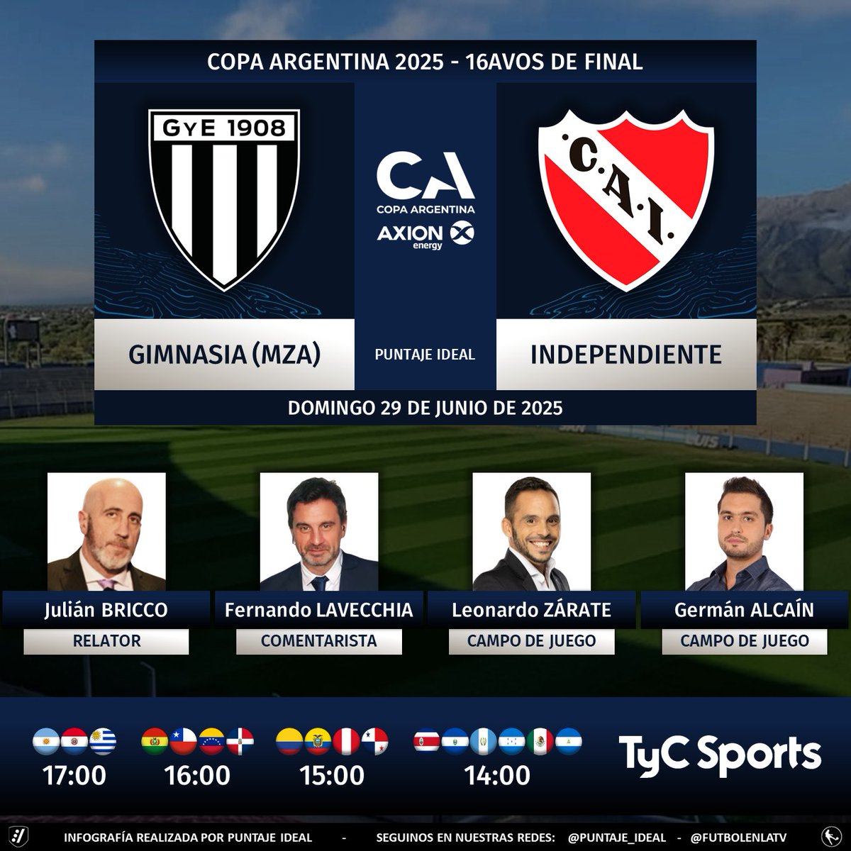 Puntaje Ideal (@puntaje_ideal) on Twitter photo ⚽ #CopaArgentina 🇦🇷 | #GimnasiaM vs. #Independiente
🎙 Relator: Julián Bricco
🎙 Comentarista: <a href="/Ferlavecchia/">Fernando Lavecchia</a>
🎙 CdJ: <a href="/Leonardo_Zarate/">Leo Zárate</a> - <a href="/AlcainG/">Germán Alcain</a>
📺 <a href="/TyCSports/">TyC Sports</a> 🇦🇷 y <a href="/TyCSports/">TyC Sports</a> Internacional
💻📱 <a href="/TyCSportsPlay/">TyC Sports Play</a> 🇦🇷
🤳 #CopaArgentinaEnTyCSports
Dale RT 🔃 ⚽ #CopaArgentina 🇦🇷 | #GimnasiaM vs. #Independiente
🎙 Relator: Julián Bricco
🎙 Comentarista: <a href="/Ferlavecchia/">Fernando Lavecchia</a>
🎙 CdJ: <a href="/Leonardo_Zarate/">Leo Zárate</a> - <a href="/AlcainG/">Germán Alcain</a>
📺 <a href="/TyCSports/">TyC Sports</a> 🇦🇷 y <a href="/TyCSports/">TyC Sports</a> Internacional
💻📱 <a href="/TyCSportsPlay/">TyC Sports Play</a> 🇦🇷
🤳 #CopaArgentinaEnTyCSports
Dale RT 🔃